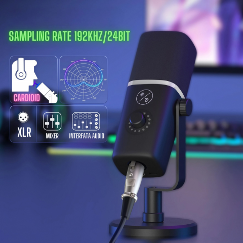 Microfon dinamic AxaCube cu brat, pentru podcast, streaming, gaming, conexiune XLR si USB, cardioid, lumina RGB, functie mute si reducere zgomot fundal, monitorizare in timp real, compatibil Windows, [1]