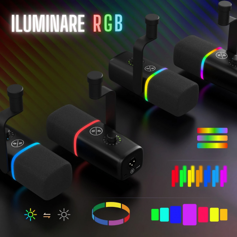 Microfon dinamic AxaCube cu brat, pentru podcast, streaming, gaming, conexiune XLR si USB, cardioid, lumina RGB, functie mute si reducere zgomot fundal, monitorizare in timp real, compatibil Windows, [2]