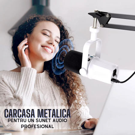 Microfon dinamic AxaCube, podcast, streaming, gaming, conexiune XLR si USB, corp metalic, buton mute, monitorizare in timp real, alb [3]