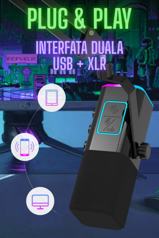 Microfon pentru gaming, inregistrari, streaming, podcast, capsula dinamica, conexiune XLR si USB, brat reglabil, lumina RGB, monitorizare in timp real,  functie mute, compatibil Windows, Apple, Androi [3]