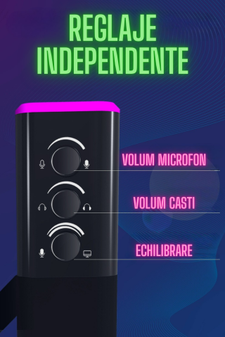 Microfon pentru gaming, inregistrari, streaming, podcast, capsula dinamica, conexiune XLR si USB, brat reglabil, lumina RGB, monitorizare in timp real,  functie mute, compatibil Windows, Apple, Androi [1]