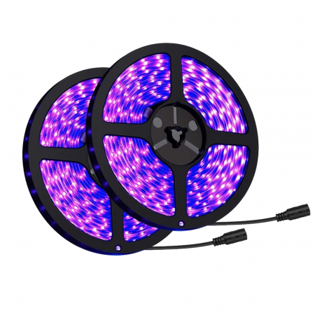 Benzi led - Set 2 benzi LED cu lumina UV AxaCube®, rezistente la apa IP65, LED SMD 2835, fixare prin lipire, 10 metri, 600 LED-uri, adaptor 12V inclus