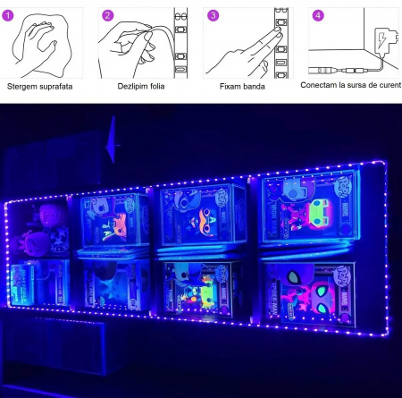 Set 2 benzi LED cu lumina UV AxaCube®, rezistente la apa IP65, LED SMD 2835, fixare prin lipire, 10 metri, 600 LED-uri, adaptor 12V inclus [5]