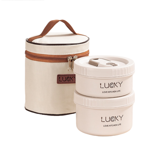 Lunch box - Set 2 caserole cu husa transport, interior otel inoxidabil 304, 440 si 640 ml, compatibile cuptor microunde, bento box