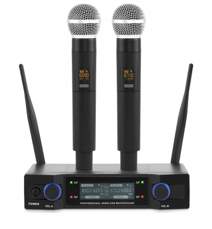 Microfoane cu statie - Set 2 microfoane wireless cu receiver AxaCube, UHF, omnidirectionale, display LCD, raza 50 m, pentru karaoke, evenimente, conferinte