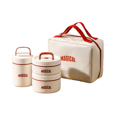 Lunch box - Set 3 caserole cu husa transport, interior otel inoxidabil 304, 1 caserola 400 ml, 1 caserola 500 ml si 1 caserola 600 ml, capac cu filet si garnitura silicon