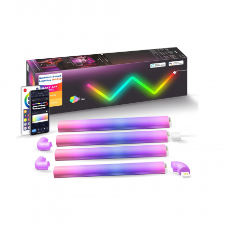 Lampi LED RGB - Set 4 buc bara LED RGBIC smart AxaCube®, lumina ambientala, sincronizare sonora, 3 coltare pentru conexiune, Wi-Fi, compatibil Google assistant si Alexa, control prin aplicatie dedicata si telecomanda