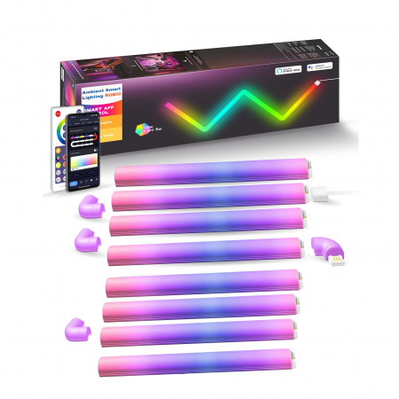 Lampi LED RGB - Set 8 buc bara LED RGBIC smart AxaCube®, lumina ambientala, sincronizare sonora, Wi-Fi, compatibil Google assistant si Alexa, control prin aplicatie dedicata si telecomanda