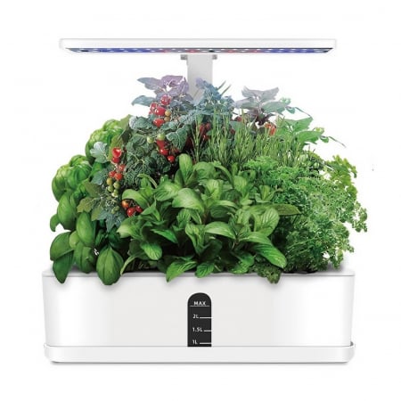 Ingrijire plante - Set ghiveci hidroponic cu lampa de crestere a plantelor AxaCube®, 9 orificii plante, pompa oxigenare apa, 68 LED-uri, 15W, timer, alb