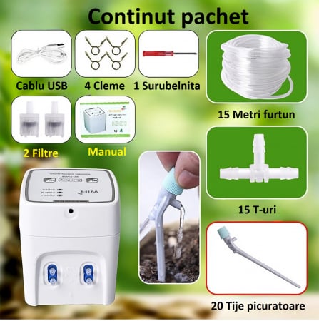 Sistem de irigare automat AxaCube pentru plante, WiFi 2.4 Ghz, set pentru 20 de ghivece, udare prin picurare, 2 pompe incorporate, temporizator, alimentare prin baterii sau conectare la retea [7]