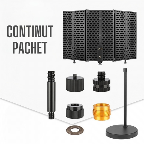 Suport de birou pentru microfon AxaCube® cu panou acustic, anti-ecou, burete antifonic, baza metalica, reglabil, pentru inregistrari, podcast, streaming [6]