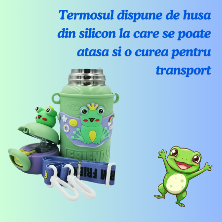 Termos cu husa pentru copii AxaCube®, 450 ml, interior otel inoxidabil 316, pai de silicon alimentar, perete dublu cu vid, model broscuta [4]