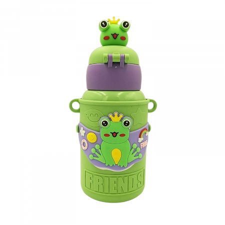 Termosuri si Cani termos - Termos cu husa pentru copii AxaCube®, 450 ml, interior otel inoxidabil 316, pai de silicon alimentar, perete dublu cu vid, model broscuta