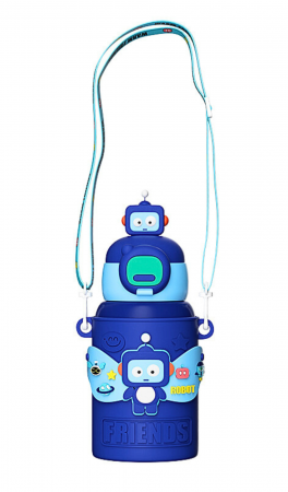 Termosuri si Cani termos - Termos cu husa pentru copii AxaCube®, 450 ml, interior otel inoxidabil 316, pai de silicon alimentar, perete dublu cu vid, model robotel