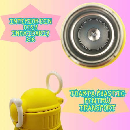 Termos cu husa pentru copii AxaCube®, 500 ml, interior otel inoxidabil 316, pai din silicon alimentar, capac tip cana, perete dublu cu vid, galben [2]