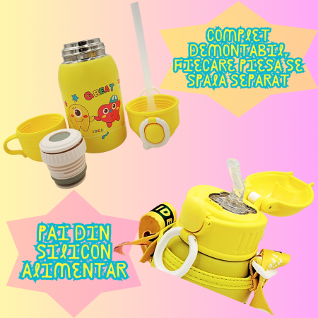 Termos cu husa pentru copii AxaCube®, 500 ml, interior otel inoxidabil 316, pai din silicon alimentar, capac tip cana, perete dublu cu vid, galben [3]