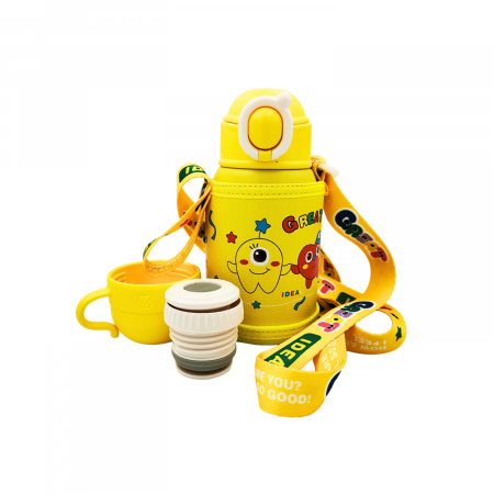 Termosuri si Cani termos - Termos cu husa pentru copii AxaCube®, 500 ml, interior otel inoxidabil 316, pai din silicon alimentar, capac tip cana, perete dublu cu vid, galben
