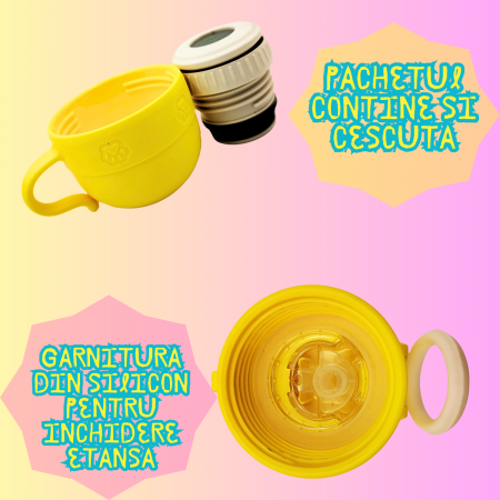 Termos cu husa pentru copii AxaCube®, 500 ml, interior otel inoxidabil 316, pai din silicon alimentar, capac tip cana, perete dublu cu vid, galben [1]