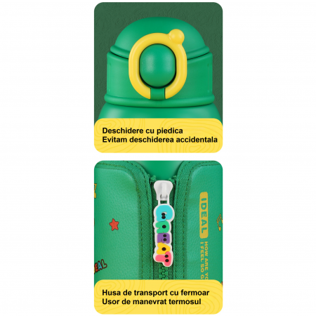 Termos cu husa pentru copii AxaCube®, 500 ml, interior otel inoxidabil 316, pai de silicon alimentar, capac tip cana, perete dublu cu vid, verde [10]
