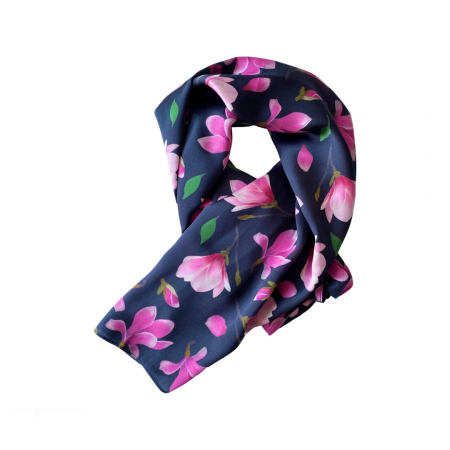 Esarfe - Esarfa din Matase Naturala cu Flori de Magnolie Roz