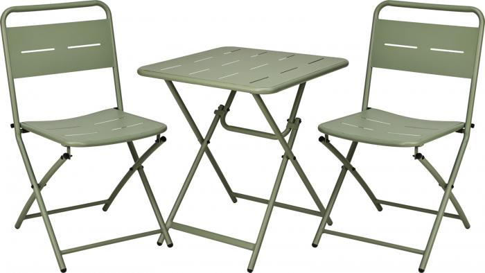 Set mobilier pliabil pentru balcon – masă pătrată și 2 scaune metalice verzi [1]