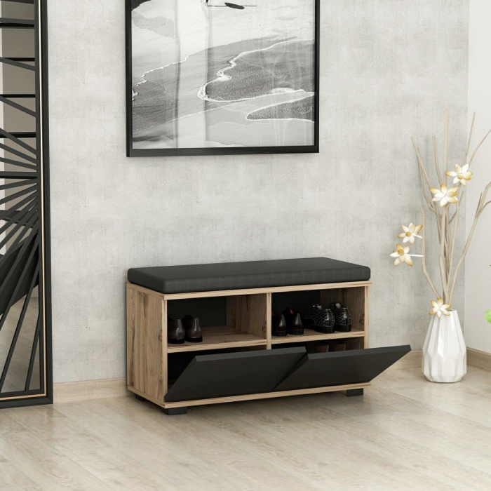 BANCA DEPOZITARE INCALTAMINTE, PANTOFAR PENTRU HOL, PAL MELAMINAT, 4 RAFTURI, NATUR CU PERNA NEAGRA, 80X35X42 CM, DRAGON, MINAR [4]