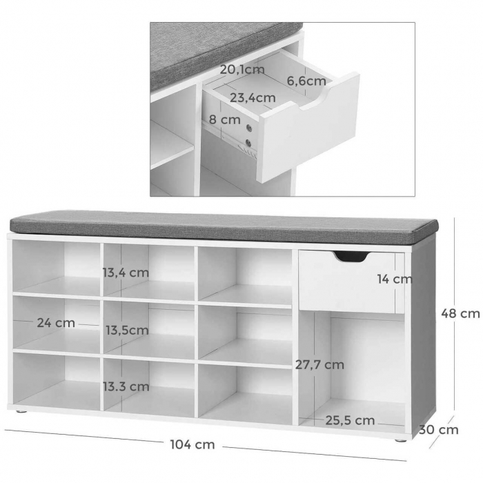 BANCA DEPOZITARE INCALTAMINTE, PANTOFAR PENTRU HOL, VASAGLE, PAL, 10 RAFTURI, 1 SERTAR, ALB, 104X30X48 CM [7]