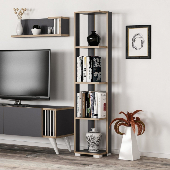 BIBLIOTECA, PAL MELAMINAT, 4 RAFTURI, ANTRACIT SI NATUR, 34X26X153 CM, NARROW, MINAR [6]