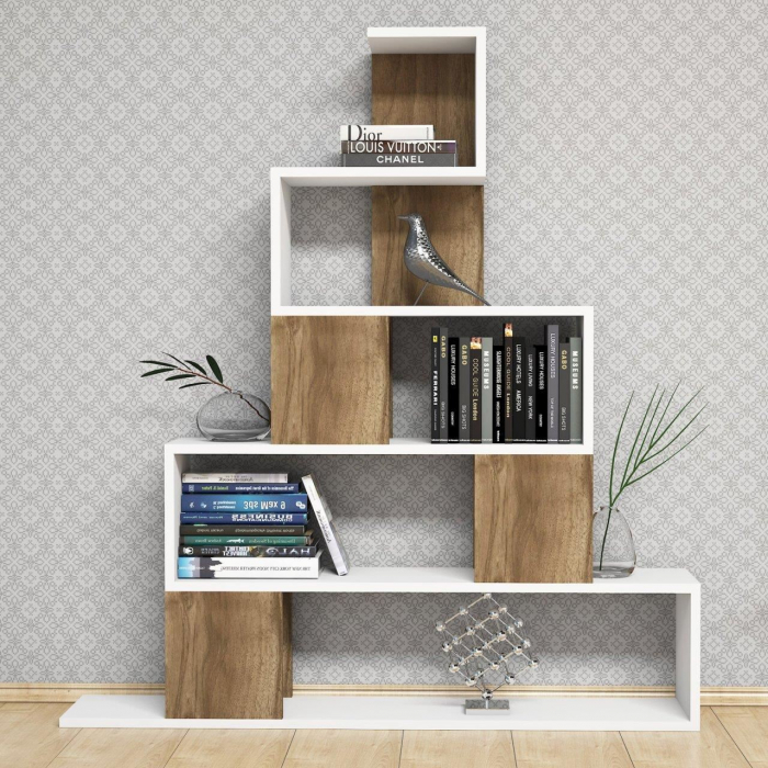 BIBLIOTECA, PAL MELAMINAT, ALB SI NATUR, 120X22X130 CM, PYRAMID, MINAR [4]