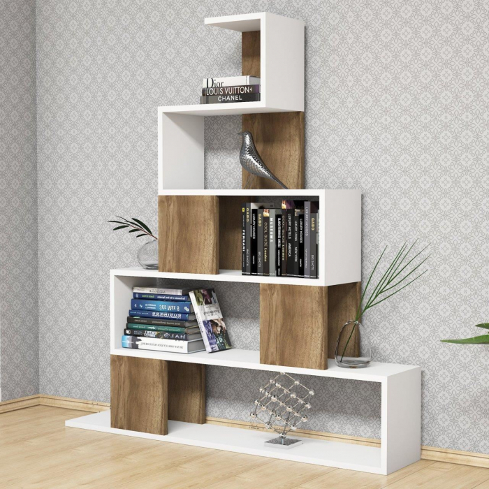 BIBLIOTECA, PAL MELAMINAT, ALB SI NATUR, 120X22X130 CM, PYRAMID, MINAR [5]