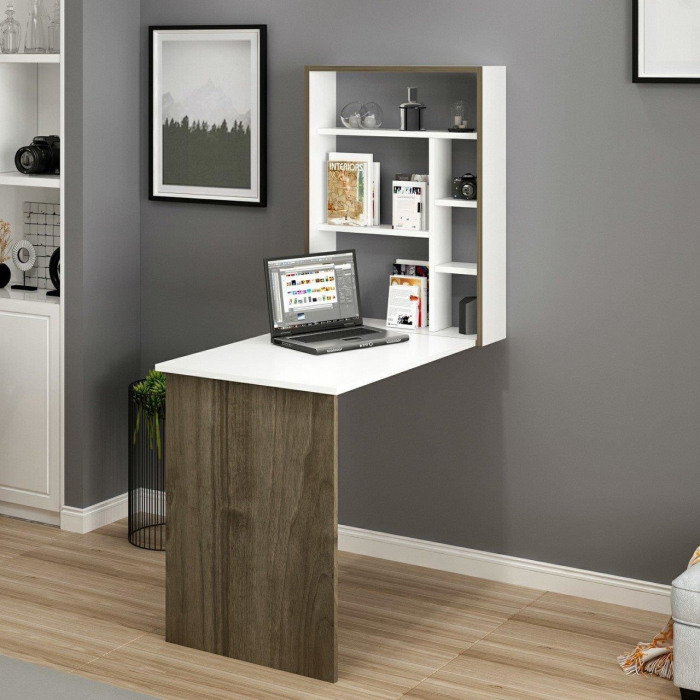 BIROU CU BIBLIOTECA, PLIABIL, PAL MELAMINAT, 6 RAFTURI, ALB SI MARO, 62X93X157 CM, MAGICBOX, MINAR [3]