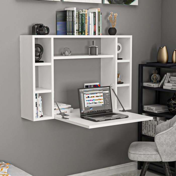 BIROU CU BIBLIOTECA, PLIABIL, SUSPENDAT, PAL MELAMINAT, 7 RAFTURI, ALB, 90X20X60 CM, OMEGA, MINAR [7]