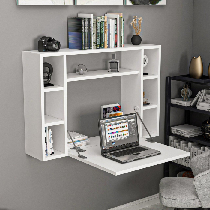 BIROU CU BIBLIOTECA, PLIABIL, SUSPENDAT, PAL MELAMINAT, 7 RAFTURI, ALB, 90X20X60 CM, OMEGA, MINAR [8]