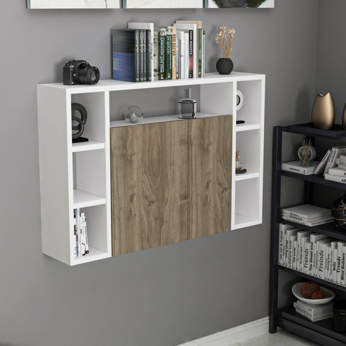 BIROU CU BIBLIOTECA, PLIABIL, SUSPENDAT, PAL MELAMINAT, 7 RAFTURI, ALB SI MARO, 90X20X60 CM, OMEGA, MINAR [6]