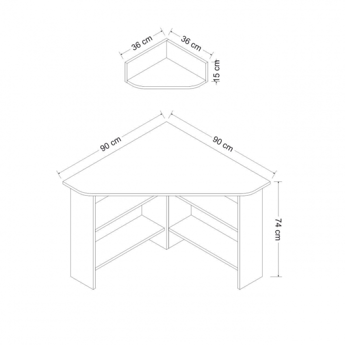 BIROU PE COLT, PAL MELAMINAT, 4 RAFTURI, 1 POLITA SUSPENDATA, ALB SI ANTRACIT, 90X90X74 CM, TUZZY, MINAR [2]