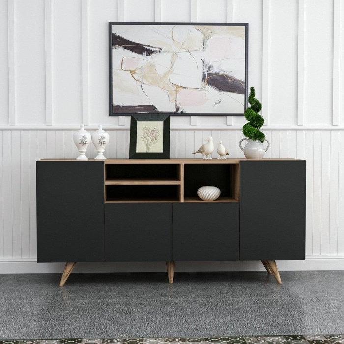 COMODA, PAL MELAMINAT, 9 RAFTURI, ANTRACIT SI NATUR, 160X42X75 CM, SANSA [8]