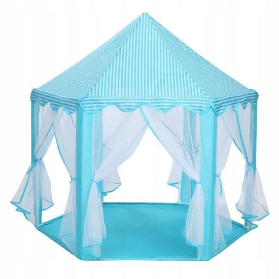 CORT DE JOACA PENTRU COPII, HEXAGONAL, CU PERDELE, ALBASTRU SI ALB, 135X135X140 CM [1]