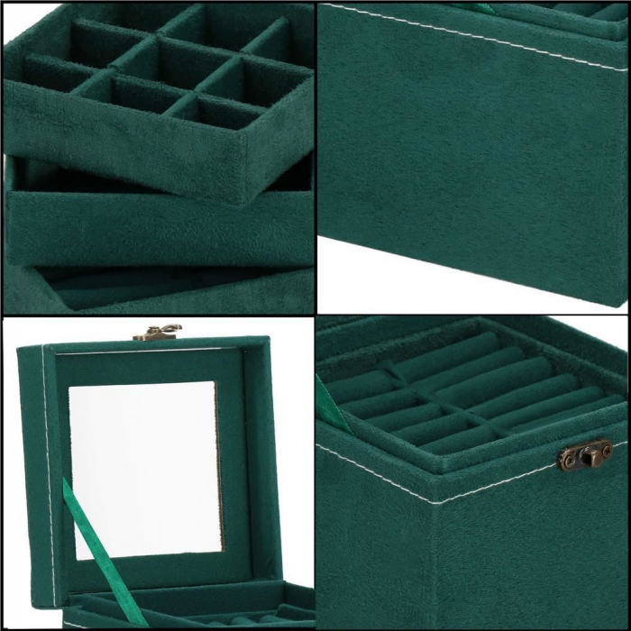 CUTIE PENTRU BIJUTERII, CATIFEA, VERDE, CU OGLINDA, 12X12X12 CM, SPRINGOS [29]