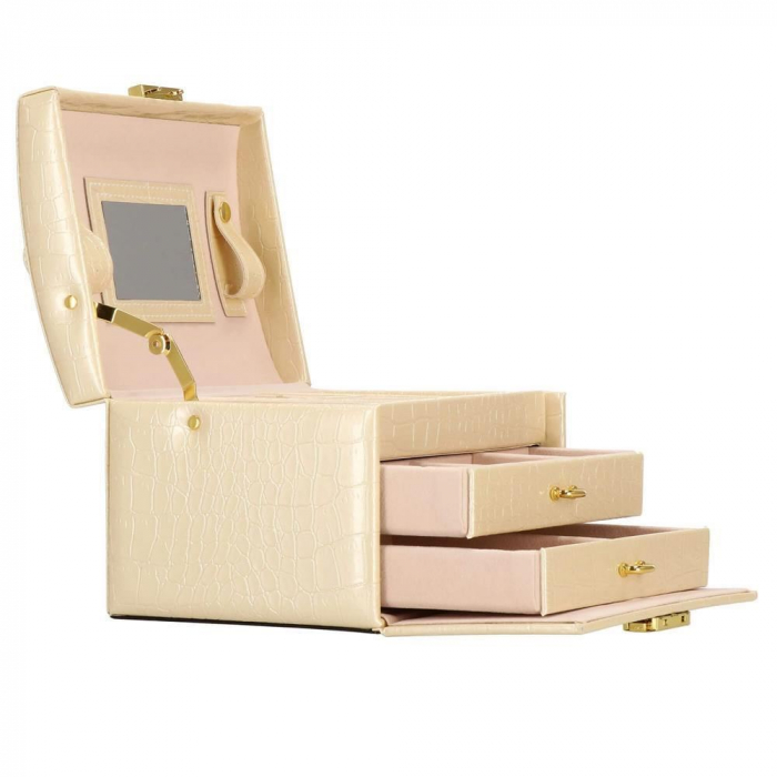 CUTIE PENTRU BIJUTERII, MDF, PIELE ECOLOGICA SI CATIFEA, CREM SI ROZ, CU OGLINDA, 17.5X14X12.5 CM, SPRINGOS [29]