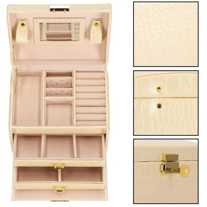 CUTIE PENTRU BIJUTERII, MDF, PIELE ECOLOGICA SI CATIFEA, CREM SI ROZ, CU OGLINDA, 17.5X14X12.5 CM, SPRINGOS [9]