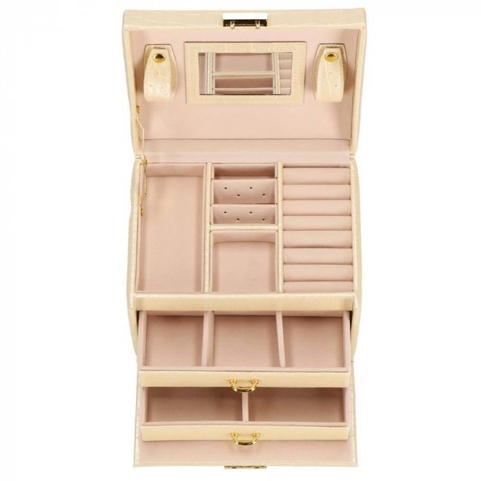 CUTIE PENTRU BIJUTERII, MDF, PIELE ECOLOGICA SI CATIFEA, CREM SI ROZ, CU OGLINDA, 17.5X14X12.5 CM, SPRINGOS [23]