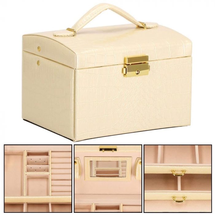 CUTIE PENTRU BIJUTERII, MDF, PIELE ECOLOGICA SI CATIFEA, CREM SI ROZ, CU OGLINDA, 17.5X14X12.5 CM, SPRINGOS [10]