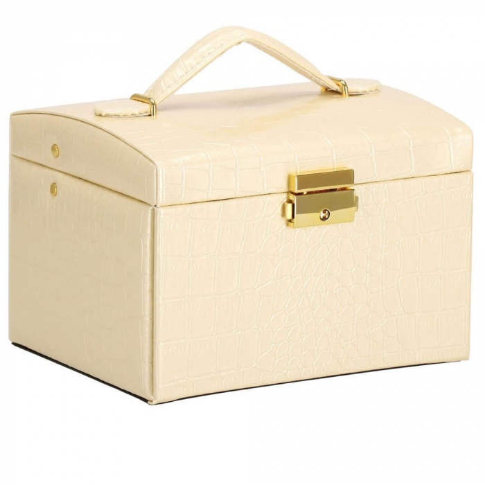 CUTIE PENTRU BIJUTERII, MDF, PIELE ECOLOGICA SI CATIFEA, CREM SI ROZ, CU OGLINDA, 17.5X14X12.5 CM, SPRINGOS [16]