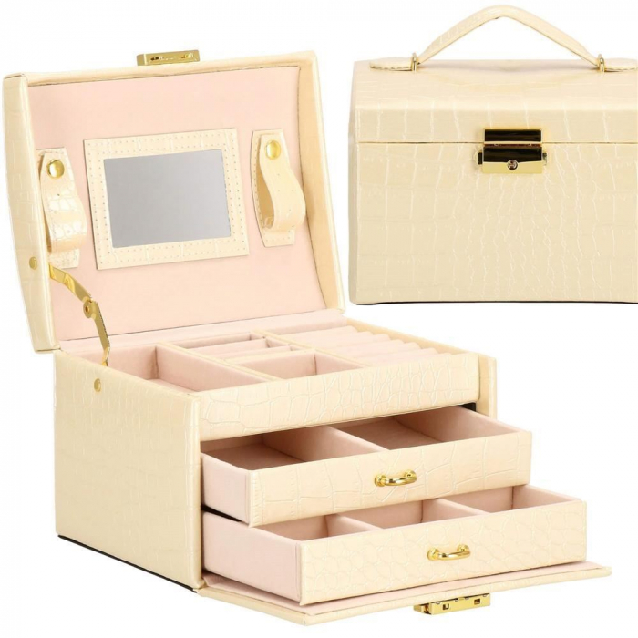 CUTIE PENTRU BIJUTERII, MDF, PIELE ECOLOGICA SI CATIFEA, CREM SI ROZ, CU OGLINDA, 17.5X14X12.5 CM, SPRINGOS [30]