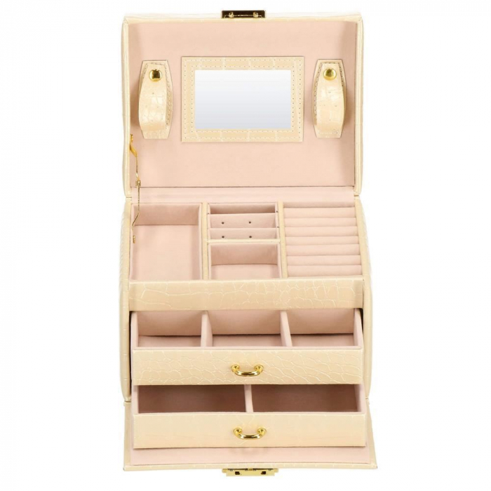 CUTIE PENTRU BIJUTERII, MDF, PIELE ECOLOGICA SI CATIFEA, CREM SI ROZ, CU OGLINDA, 17.5X14X12.5 CM, SPRINGOS [22]