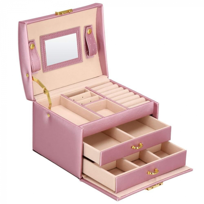 CUTIE PENTRU BIJUTERII, MDF, PIELE ECOLOGICA SI CATIFEA, ROZ SI BEJ, CU OGLINDA, 17.5X14X12.5 CM, SPRINGOS [16]