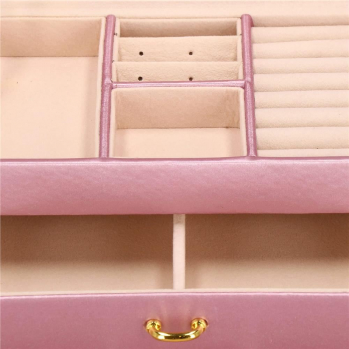 CUTIE PENTRU BIJUTERII, MDF, PIELE ECOLOGICA SI CATIFEA, ROZ SI BEJ, CU OGLINDA, 17.5X14X12.5 CM, SPRINGOS [21]