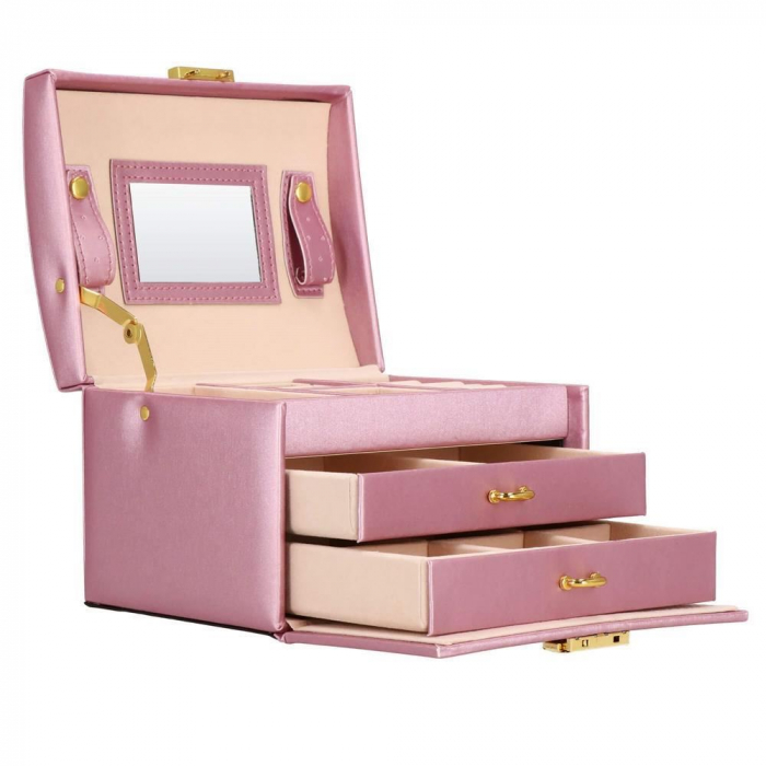 CUTIE PENTRU BIJUTERII, MDF, PIELE ECOLOGICA SI CATIFEA, ROZ SI BEJ, CU OGLINDA, 17.5X14X12.5 CM, SPRINGOS [22]