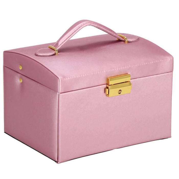 CUTIE PENTRU BIJUTERII, MDF, PIELE ECOLOGICA SI CATIFEA, ROZ SI BEJ, CU OGLINDA, 17.5X14X12.5 CM, SPRINGOS [29]