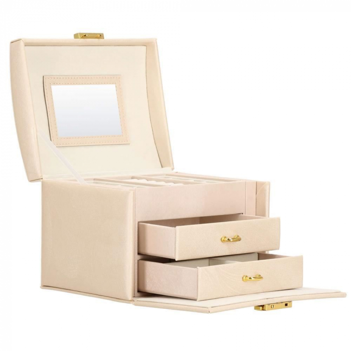 CUTIE PENTRU BIJUTERII, MDF SI PIELE, CREM, CU OGLINDA, 18X14X13.5 CM, SPRINGOS [10]